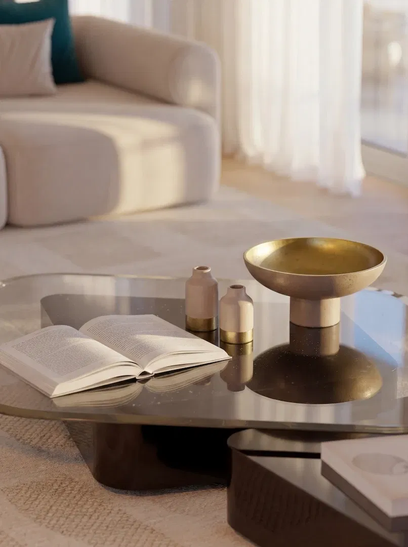 Three-room apartment living room close-up with contemporary furniture at Mia Tower