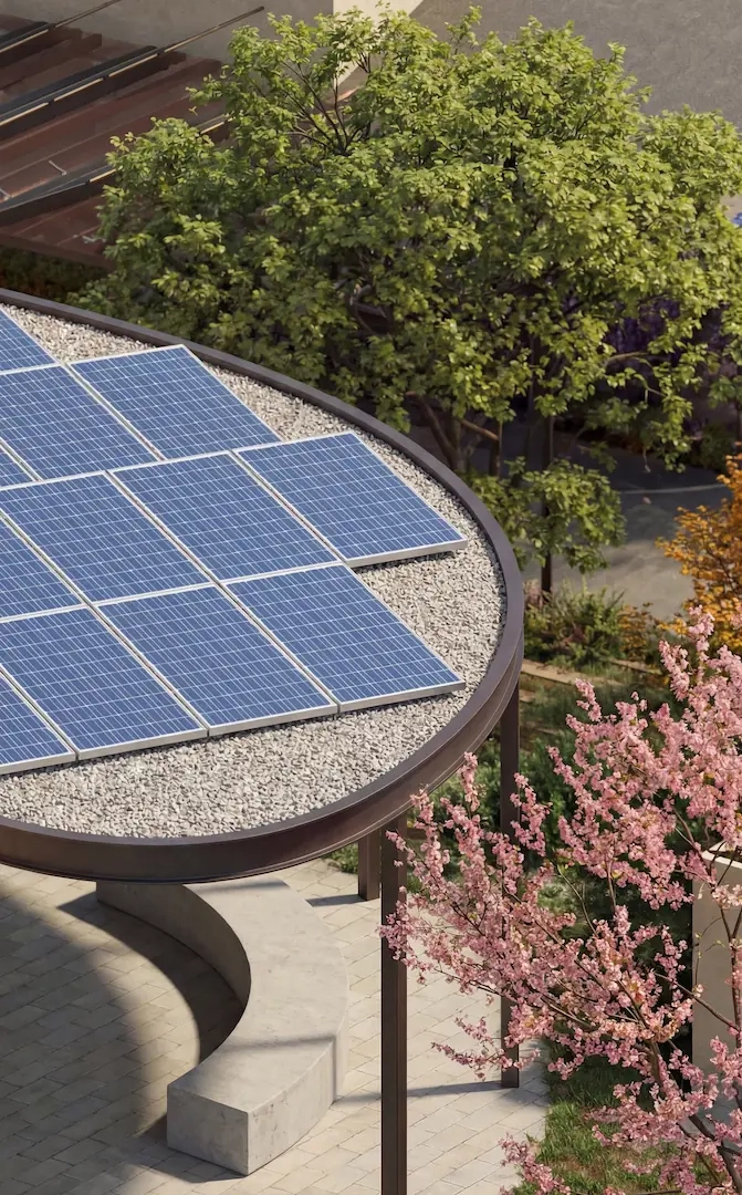 Dettaglio interno di Mia Tower con panelli fotovoltaici per la sostenibilità energetica