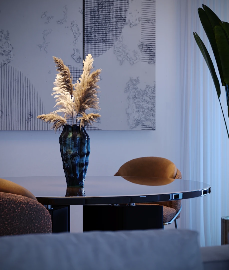 Close-up living trilocale con arredi contemporanei in Mia Tower