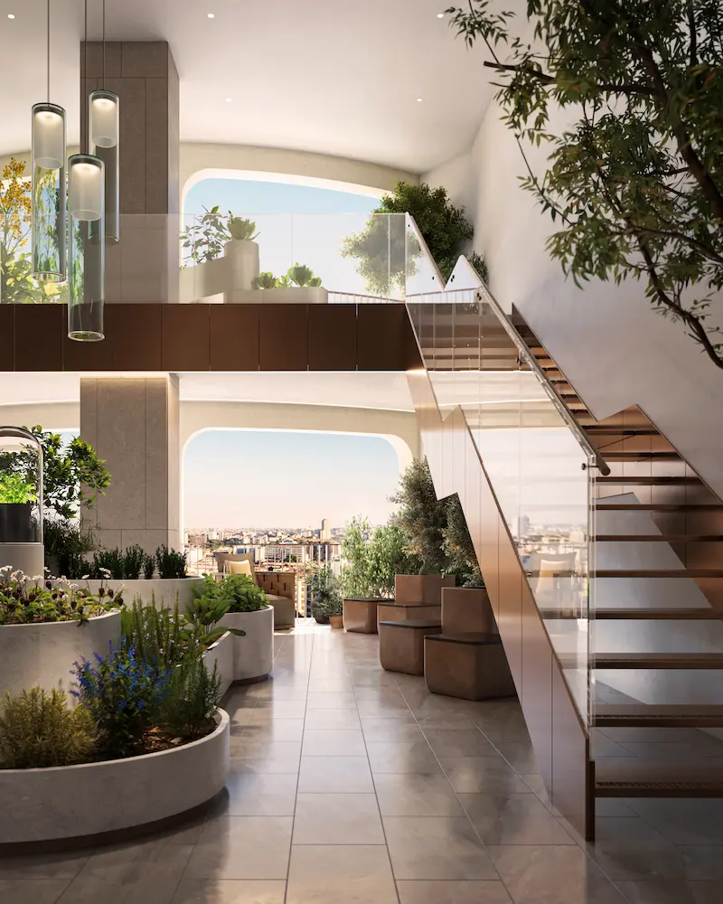 Detail of the entrance area with furnishings and plants in Mia Tower