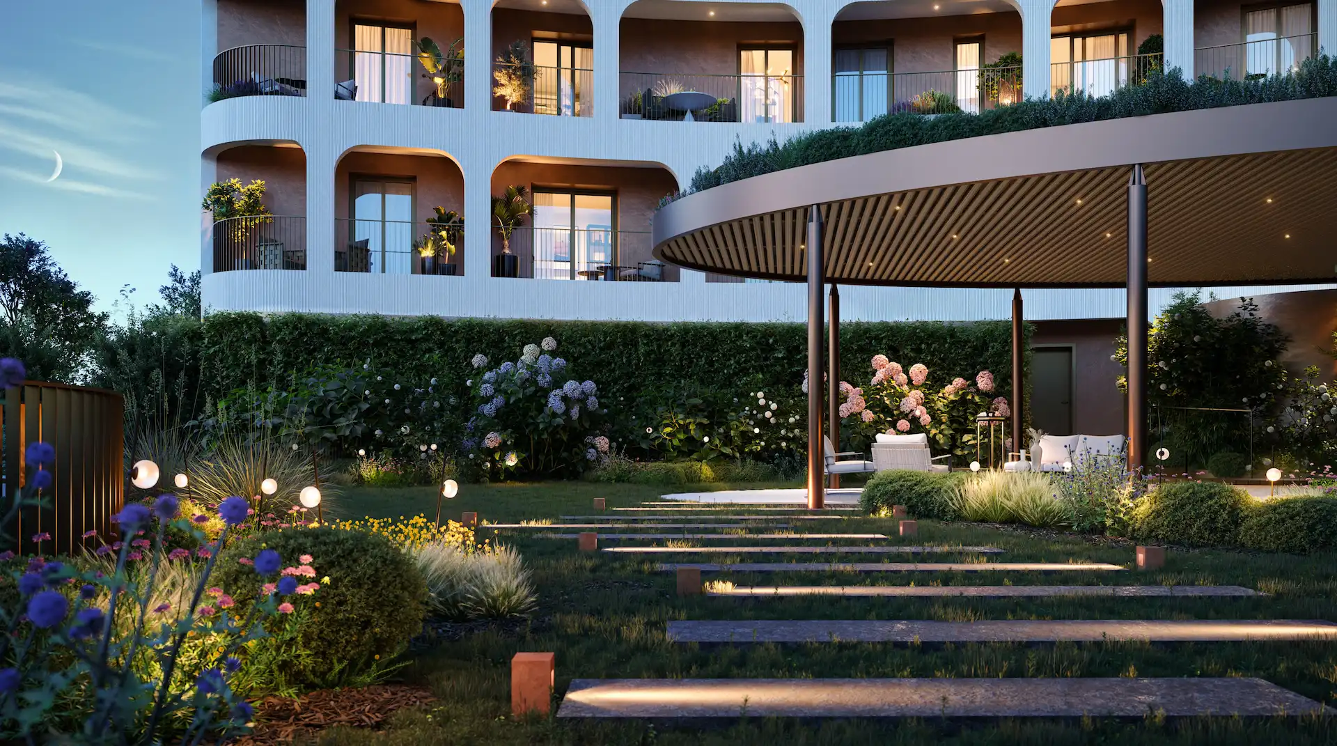 Detail of Mia Tower's commercial courtyard with greenery