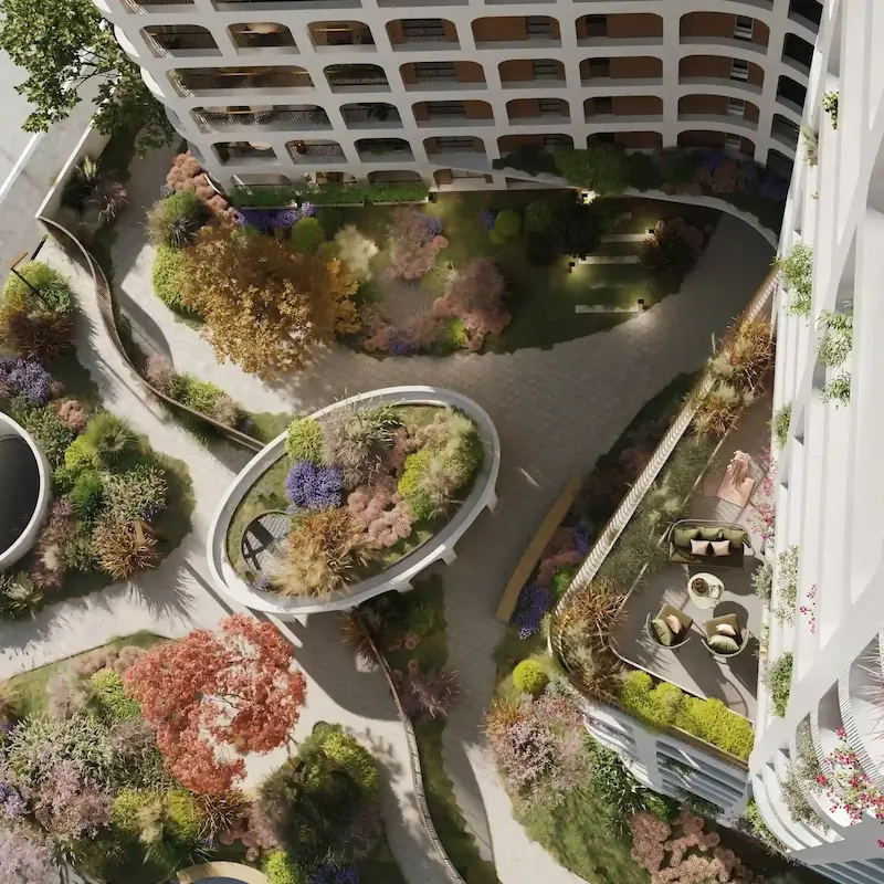 Top view of the internal garden of Mia Tower with plants