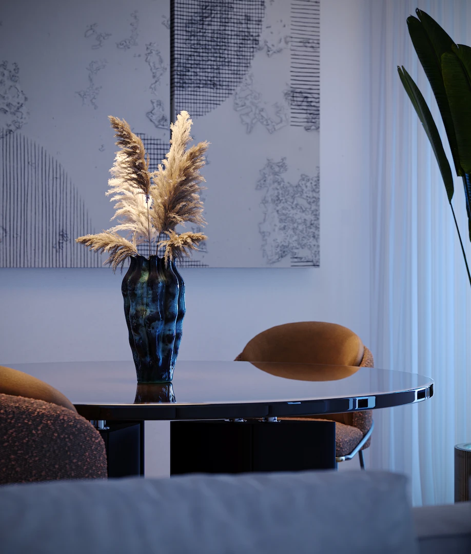 Close-up of a three-room apartment living room with contemporary furnishings at Mia Tower